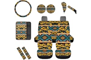 Wanyint Aztec Tribal Style Sunflower Print Car Seat Covers for Women with Steering Wheel Cover and Seat Belt Pad Armrest Pad Handbrake Cover Gear Shift Cover Washable Cup Coaster Holder Seat Cover