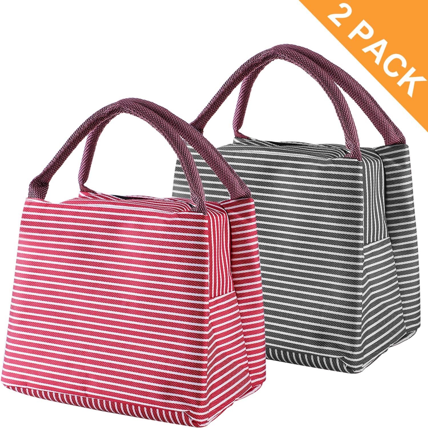 Lunch Bag - Giftorld 2 PCS Stripe Picnic Tote Insulated Cooler Lunch Container Travel Zipper Organizer Box for Women Men Kids