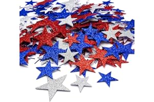 XIANMU 200 Pcs Glitter Star Stickers Patriotic Decoration Self Adhesive Star Shape Glitter Foam Sticker for 4th of July Decor Kid's Arts Craft Supplies Greeting Cards Homemade Crafts Red Blue Silver
