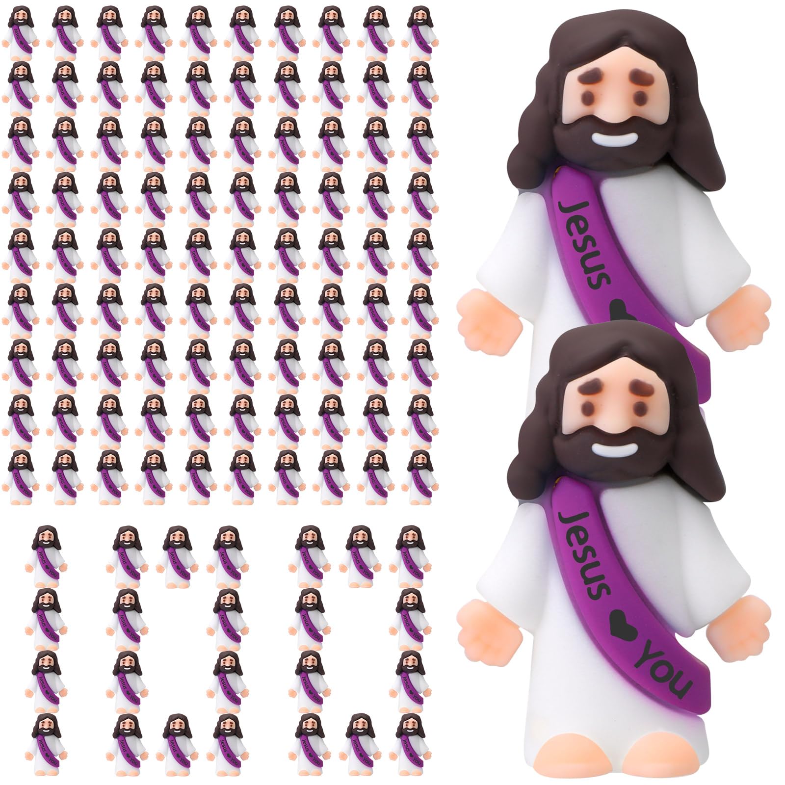 Photo 1 of Bememo 100 Pcs Little Jesus Figures Jesus Loves You Original Design Rubber Pocket Toys Little Figures to Hide and Seek Sunday School Religious Party Share Gifts(Purple)