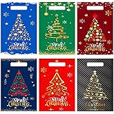 Hotop 150 Pcs Christmas Treat Bags Christmas Tree Goodies Bags Bulk Plastic Candy Treat Snacks Bags with Handles for Holiday Cookie Goody Gift Merry Christmas Party Favor Supplies, 6 Styles