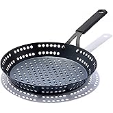 OXO Obsidian Pre-Seasoned Carbon Steel, 12" Frying Pan Skillet with Holes for Grilling with Removable Silicone Handle Holder, Induction, Oven Safe, Black