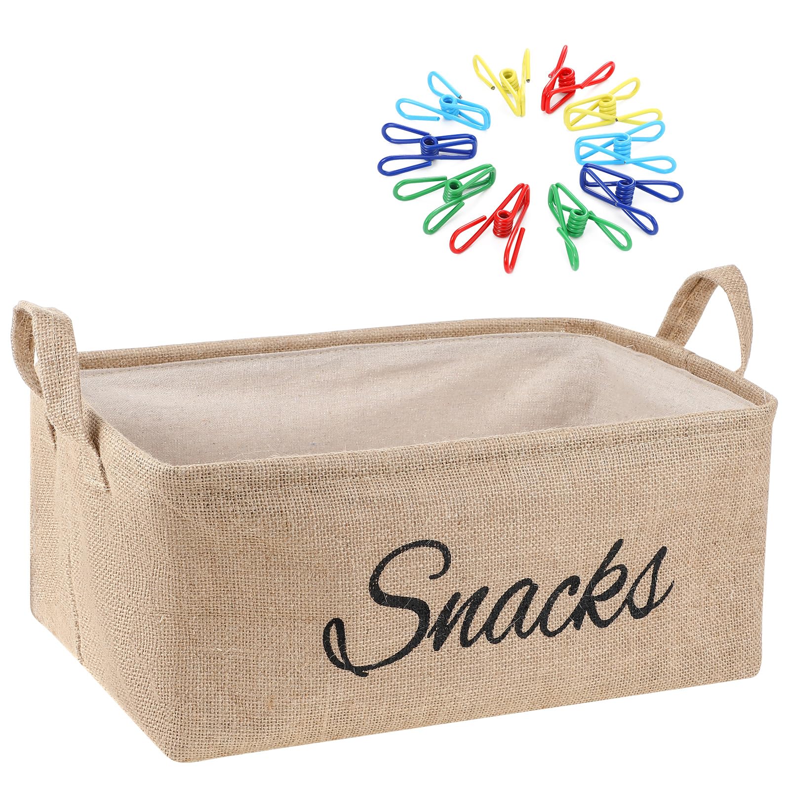 Photo 1 of 17 Pcs Snack Basket Sets, Snack Storage Bin for Pantry Shelves with 16 Pcs 2 Inch Chip Clips, Basket Organizer for Kitchen Home, Chips, Popcorn, Candy, Pretzels(Burlap,Khaki)