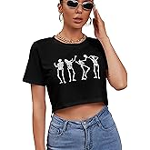 Women's Halloween Funny Skeleton Skull Hand Print Crop Top Tee Short Sleeve Casual T-Shirt