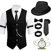 1920s Mens Costume Gatsby Gangster Roaring 20s Costumes for Men with Vest Hat Pocket Watch Bow Tie for Themed Party