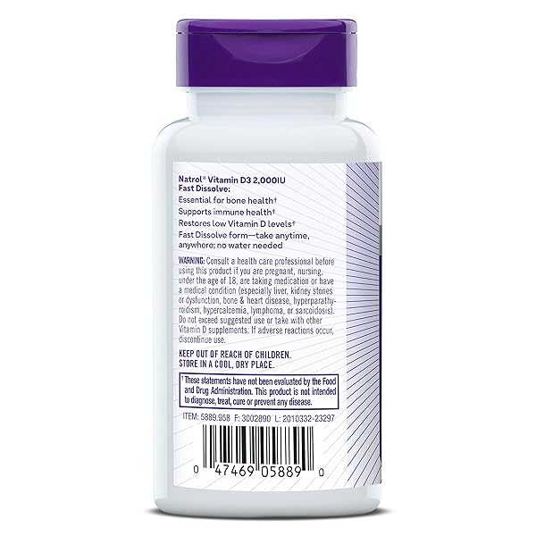 NATROL FAST DISSOLVE VITAMIN D3 2,000 IU, DIETARY SUPPLEMENT FOR BONE AND JOINT HEALTH, BONE SUPPORT SUPPLEMENT, 90 TABLETS, 90 DAY SUPPLY