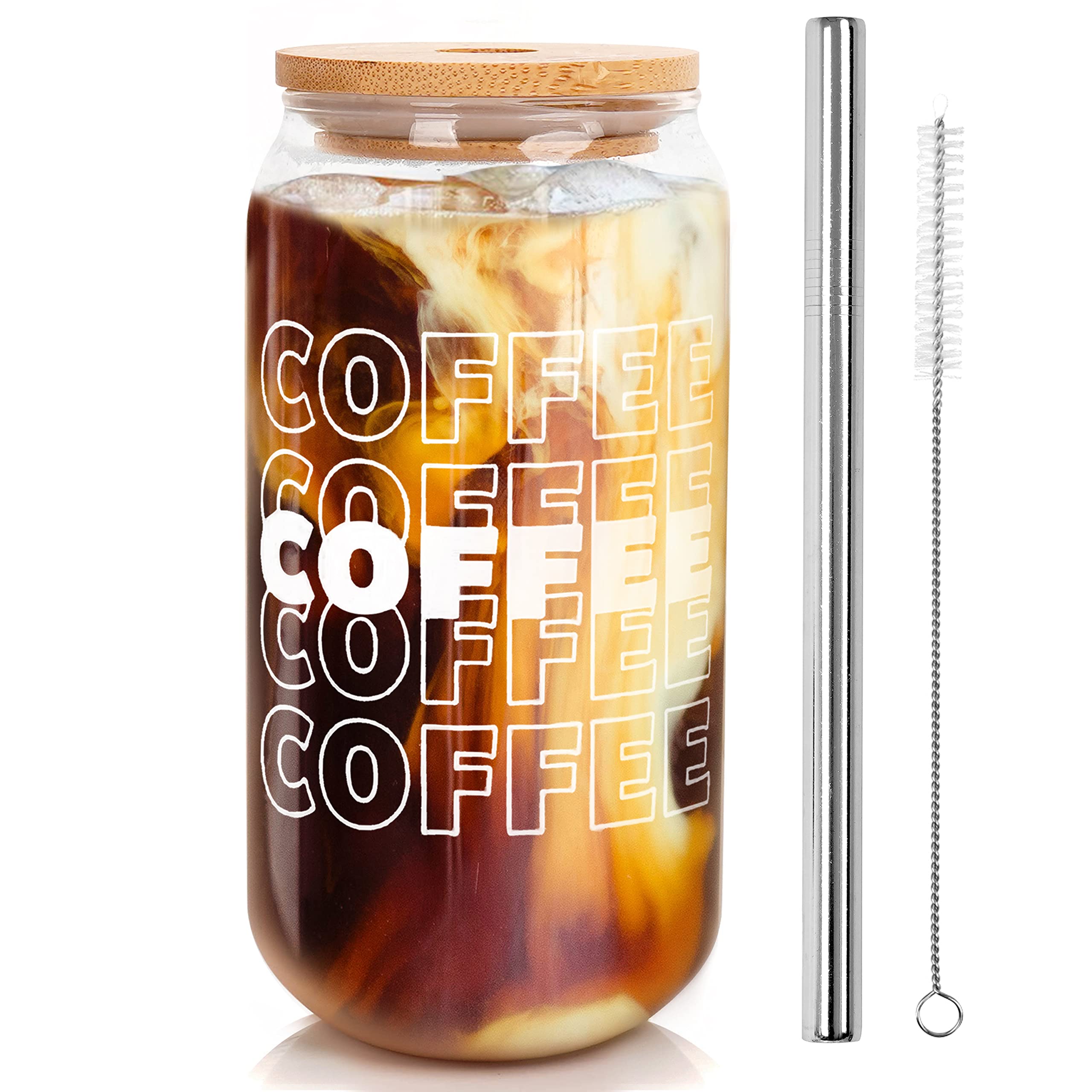 Iced Coffee Cup, Iced Coffee Cups with Lids and Straws, Valentine Gift for Her Women, Beer Can Glass with Lids and Straw, Can Shaped Glass Cups, 18OZ Glass Cups, Drinking Glasses, Smoothie Cup