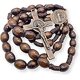 Nazareth Store St. Benedict Solid Wood Rosary Necklace Dark Wooden Beads Catholic Prayer Saint Medal with Bronze Metal Cross