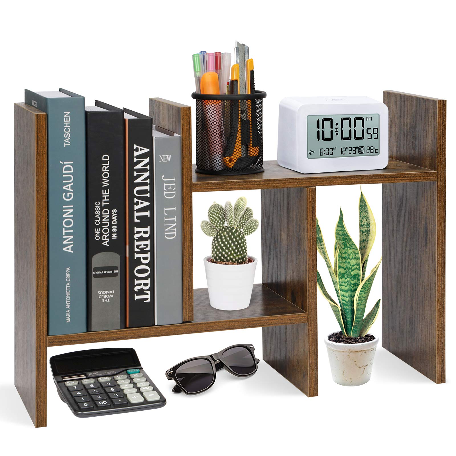 Hossejoy Desktop Bookshelf & Organiser, Adjustable Wood Desk Organizer Shelf Rack, Small Counter Top Bookcase Free Style Display Stand, Space Saving Bookshelf for Home Office - Easy Assembly