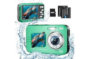 HICSHON Underwater Camera, UHD 4K 48MP Autofocus Waterproof Camera with 16X Zoom Selfie Dual Screens,11FT Compact Waterproof Digital Camera with 64GB Card,Fill Light Underwater Camera for Snorkeling(Green)