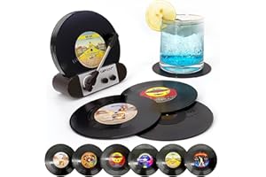 RADIXIUM Funny Retro Vinyl Record Coasters, Creative Drink Coasters Set of 6 with Vinyl Record Player Holder for Music Lovers, Housewarming Hostess Gifts, Birthday and White Elephant Gifts Ideas