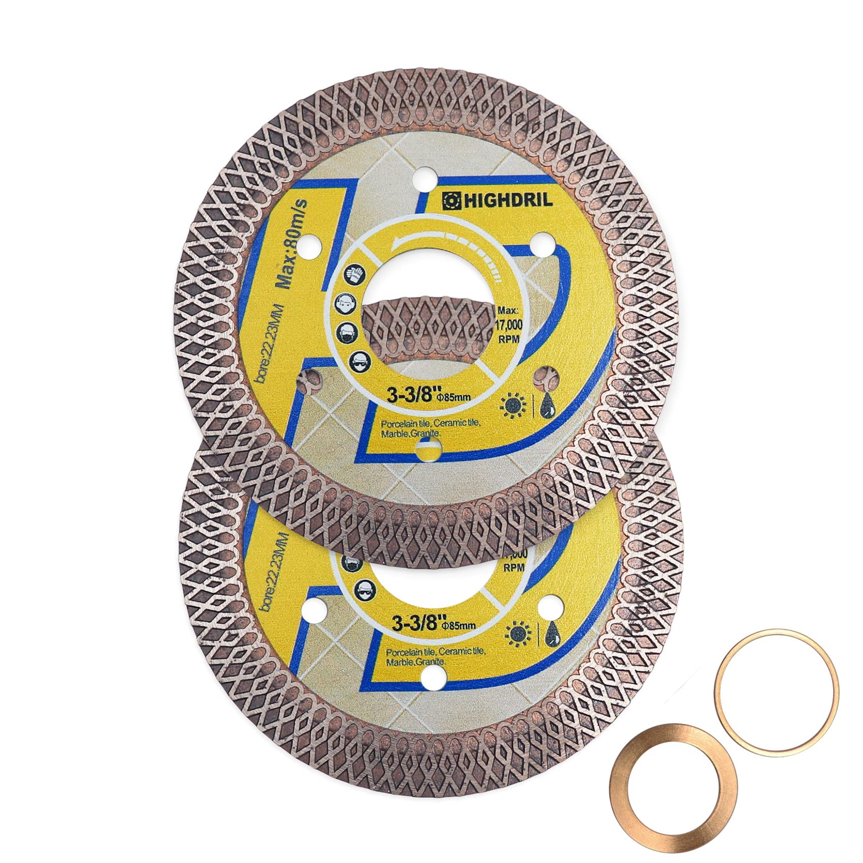 HIGHDRIL Diamond Cutting Disc - 2pcs 85MM/3-3/8 Inch Diamond Tile Blade Disc Cutting Porcelain Tile Ceramic Granite Marble Dry or Wet Use Circular Saw Blade with Turbo X Mesh