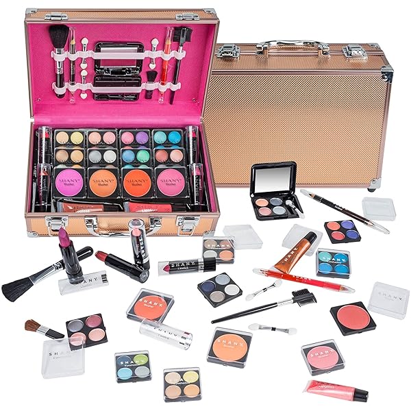 SHANY CARRY ALL MAKE UP TRAIN CASE WITH PRO MAKEUP SET, BEAUTY BRUSHES, LIPSTICKS, EYE SHADOWS, BLUSHES, POWDERS, AND MORE – REUSABLE COSMETICS STORAGE ORGANIZER – PREMIUM GIFT PACKAGING – ROSE GOLD