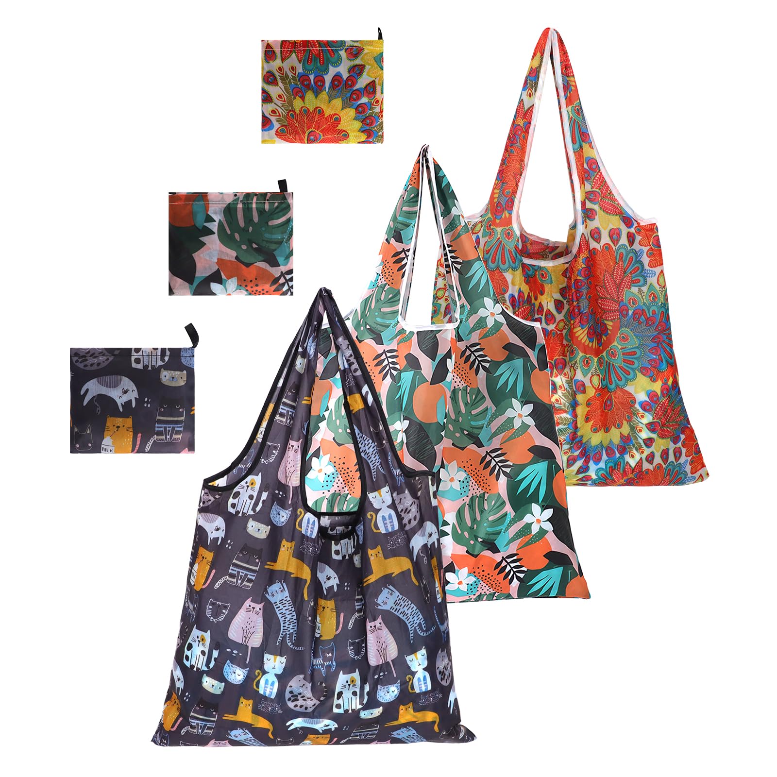 DOINEUFL 3 Pack Foldable, Large Folding, Washable Foldaway Reusable Shopping Bags, Waterproof