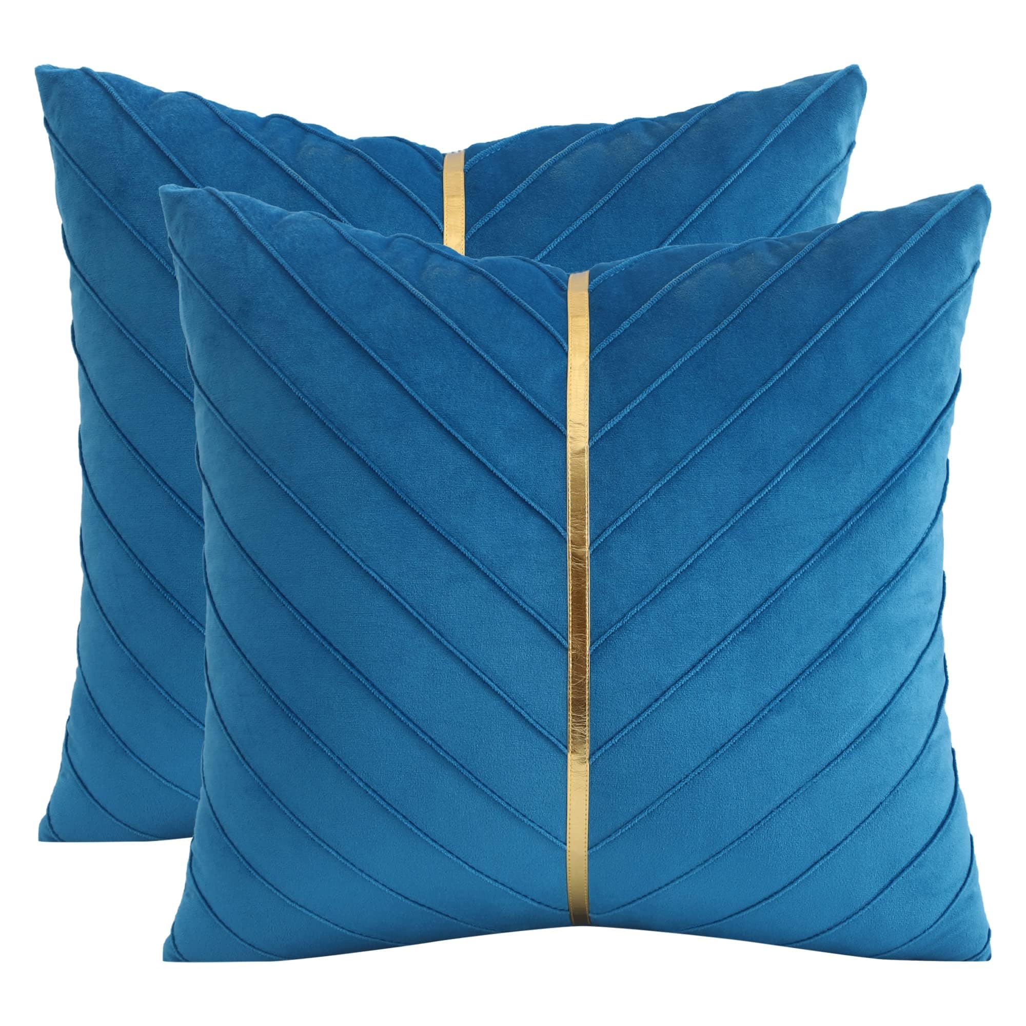 Tosleo Lake Blue Velvet Throw Pillow Covers 18x18 inch Pack of 2 with Gold Leather Decorative Couch Pillowcases Luxury Modern Pillow Cover for Living Room Bedroom Sofa Cushion Bed 45x45CM