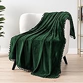 PAVILIA Fleece Throw Blanket for Couch with Pom Pom Fringe, Emerald Green, Soft Cozy Fuzzy Flannel Blanket for Sofa Bed, Lightweight Plush All Season Throw, 50x60 Inches