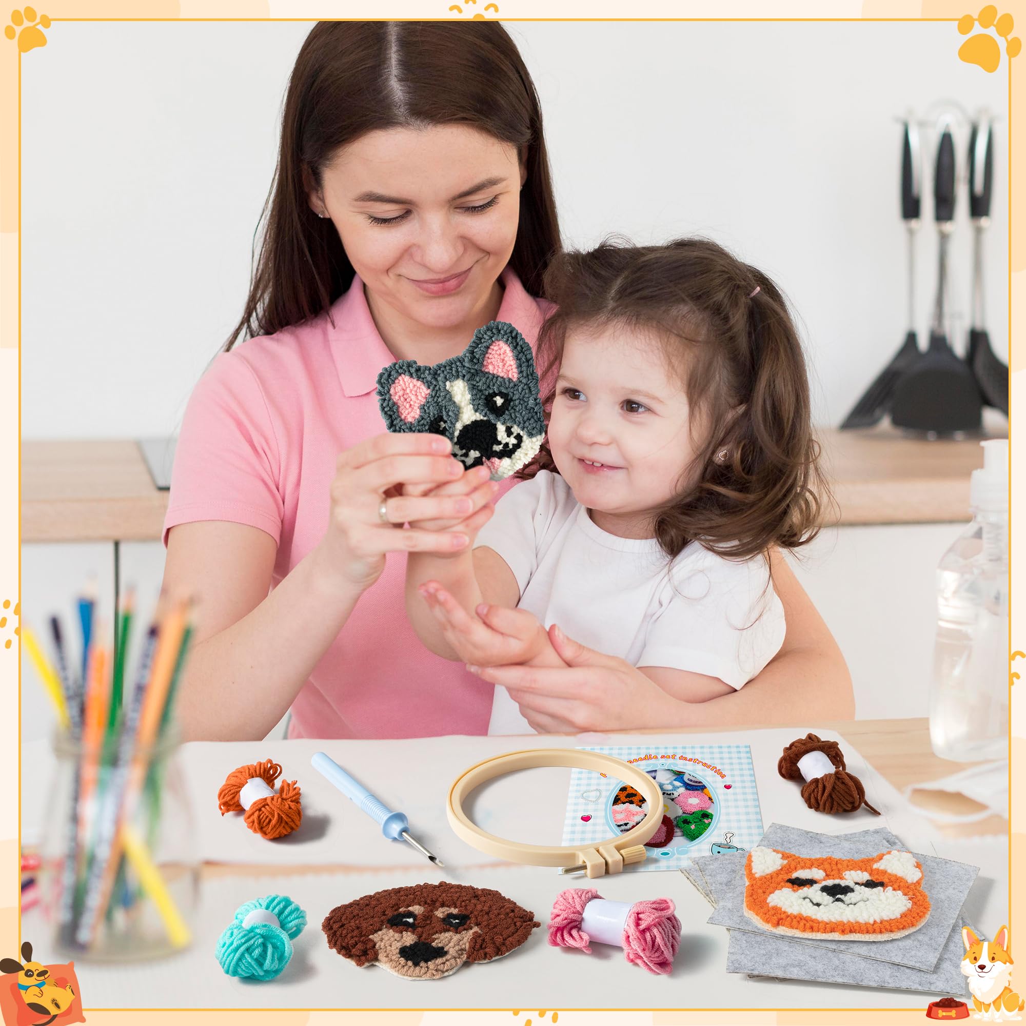 WATINC Puppy Punch Needle Coaster Kit - 6 Patterns Dog Punch Needle Embroidery Craft Kit, DIY Felting Coaster for Adults Beginners with Adhesive Yarns Fabric Felt Hoop Tools Instruction