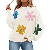 ZESICA Women's Long Puff Sleeve Sweaters Casual Crewneck Ribbed Knit Flower Color Block Loose Pullover Tops