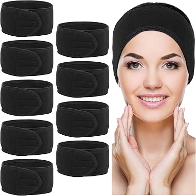 Belle Vous 10 Pack Black Spa Facial Headbands Non-Slip Makeup Wrap Terry Cloth