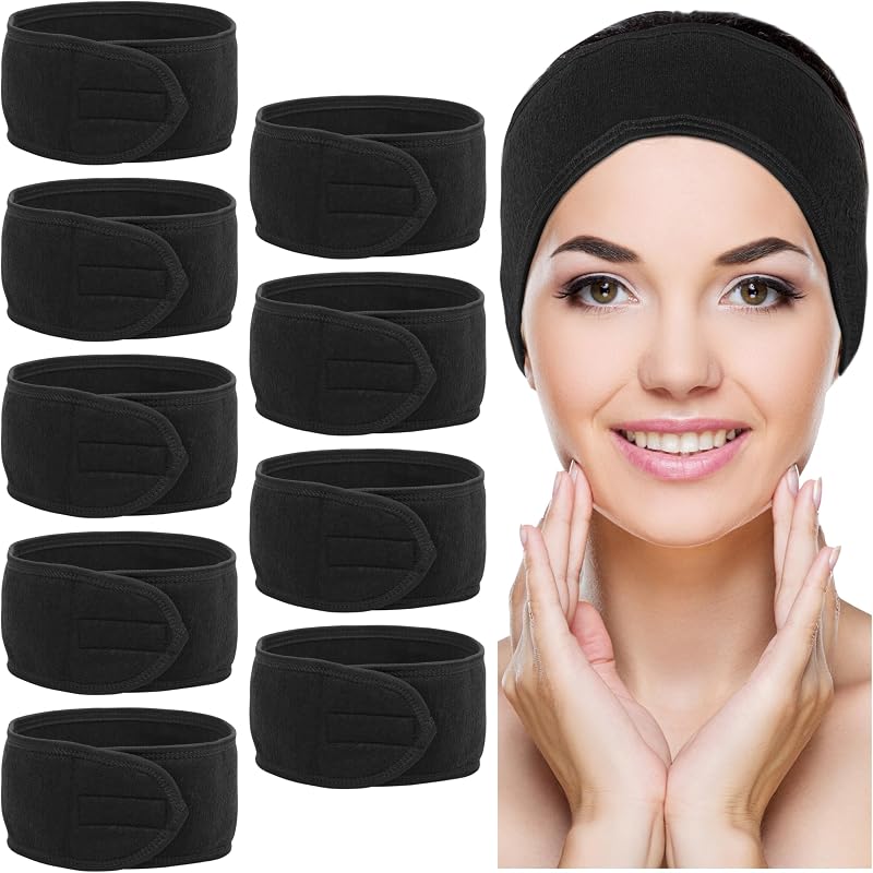 Belle Vous 10 Pack Black Spa Facial Headbands Non-Slip Makeup Wrap Terry Cloth