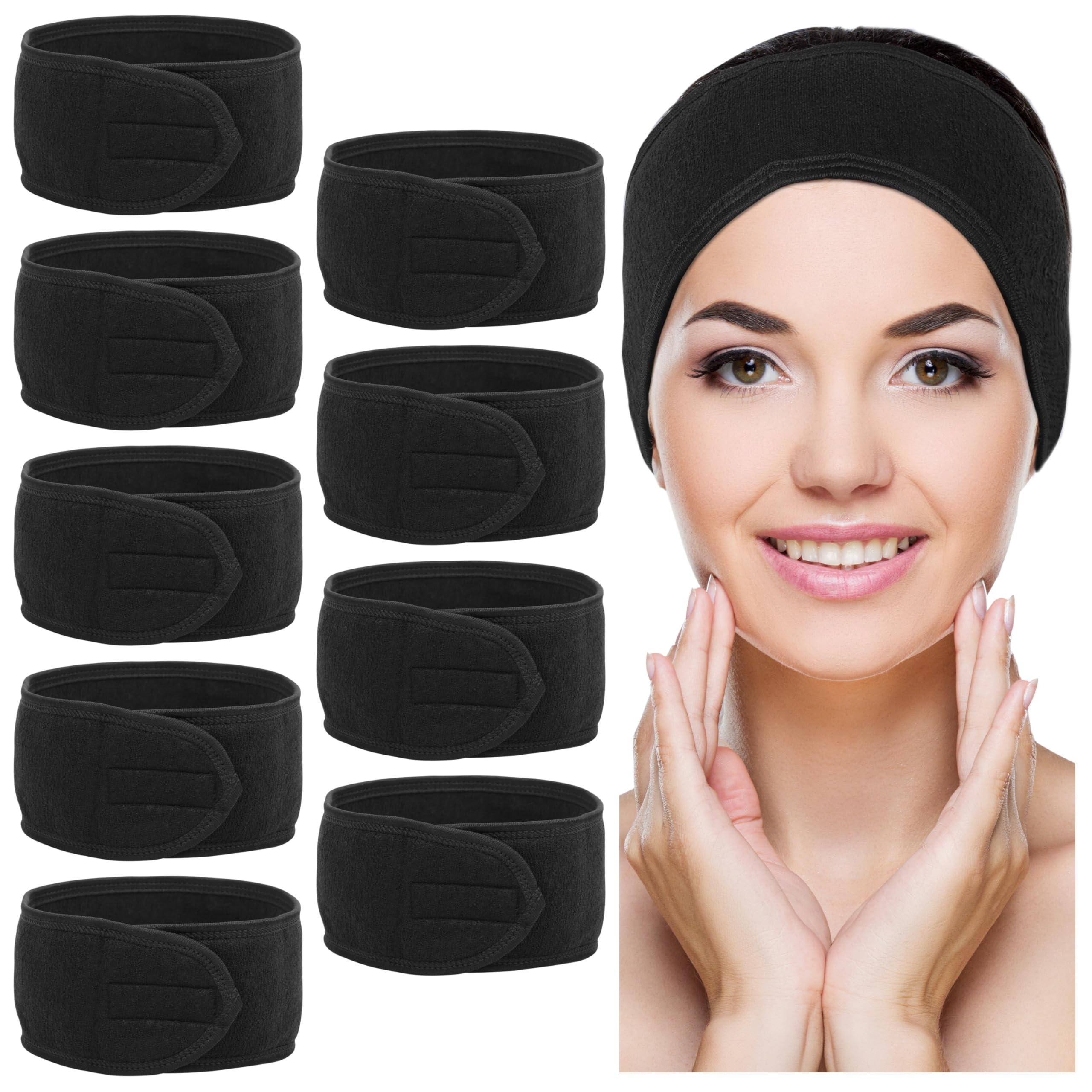 Belle Vous 10 Pack of Black Spa Facial Headbands - Non-Slip Makeup Wrap Headband - Adjustable Face and Shower Terry Cloth - Towel to Protect Hair and Head for Washing, Yoga, Baths and Sport