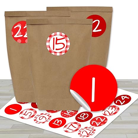 Diy Adventskalender Zum Befüllen Mit 24 Braunen Papiertüten Und 24 Weihnachtlich Roten Aufklebern Zum Selbermachen Und Basteln Mini Set Nr 20