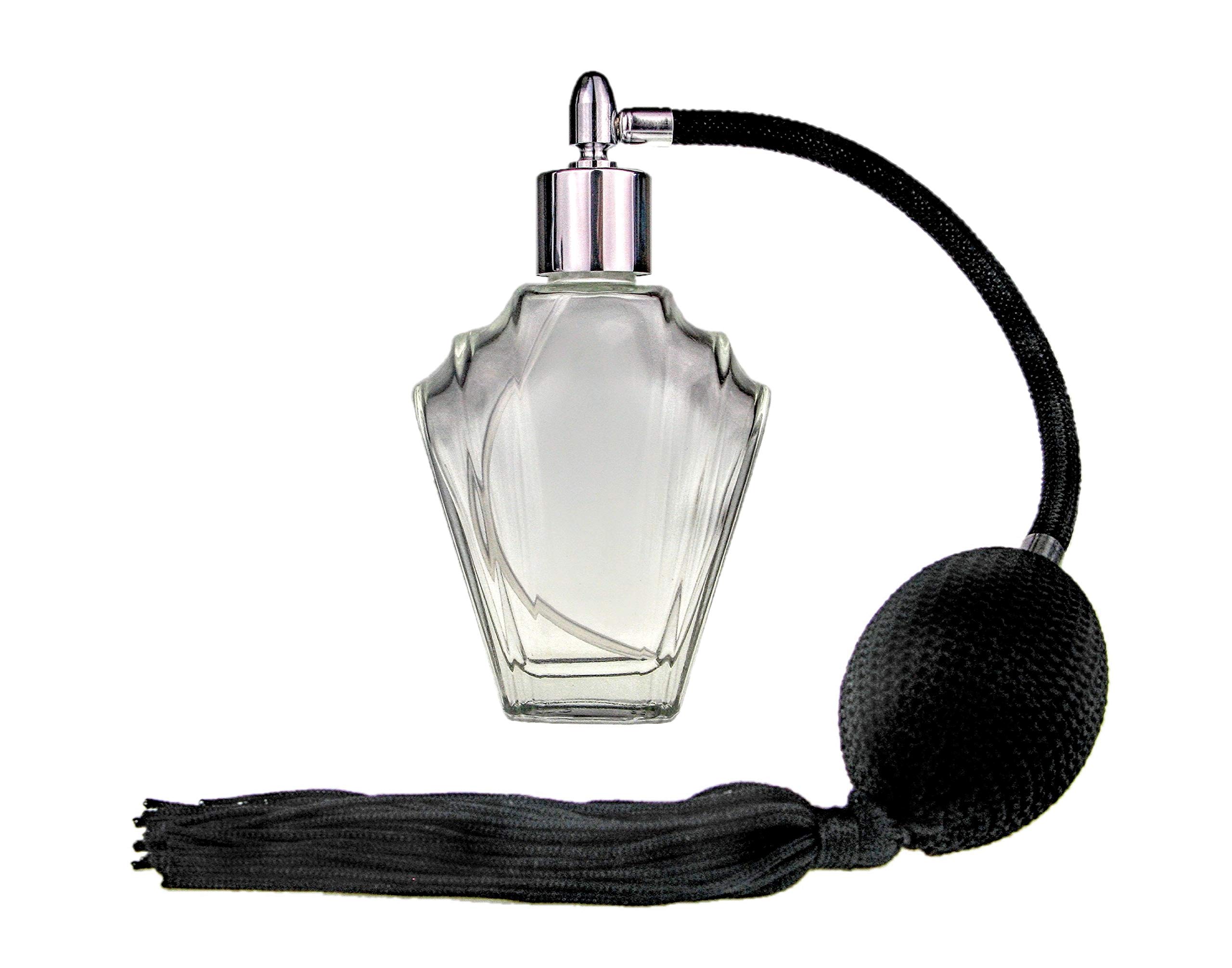 Essential Flair Refillable Perfume Glass Bottle Spray Atomizer, 45ml, Black Tassel Silver Finish. Includes Funnel & Box