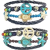2Pcs Sea Turtle and Star Beads Bracelet - Peace Sign Hemp Bracelet-Raibbow Beads Bracelet Friendship Gifts for Women Men Girls Adjustable Cord