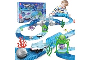 COOLFOX Flexible Racetrack Shark Toy Car - 199 Pcs Race Track Car with Shark & Ball for Baby Toddler Kid Boy Girl Age 3 4 5 6 7 8 9 Years Old, Ocean Theme Train Toy, STEM Educational Gift for Holiday Birthday