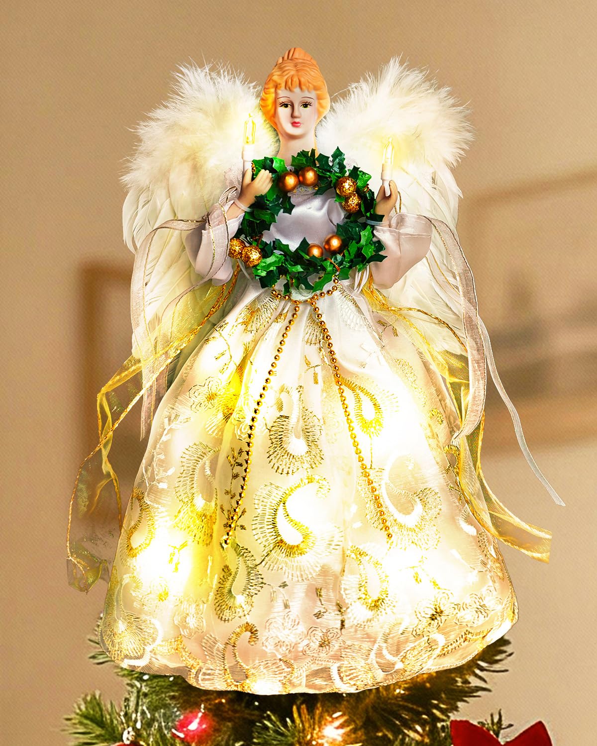 Angel Tree Topper with Lights | 12 Inch Christmas Angel Tree Topper with Feather Wings | Battery Powered Christmas Tree Toppers Lighted for Vintage Decor | Xmas Tree Topper Ornament, White