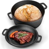 P&amp;P CHEF 2 In 1 Black Dutch Oven Pot with Lid for Bread Baking, 5Qt | Cast Iron Bread Dutch Oven, Skillet &amp; Pot for Roasting Braising Stewing Frying Simmering, Multi Stoves &amp; Oven Safe