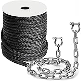 Boat Anchor Rope 3/8" x 100' Premium Solid Double Braided Nylon Anchor Line,with 1/4" x 4' Stainless Steel Anchor Chain,with Thimble & Shackle (Black)