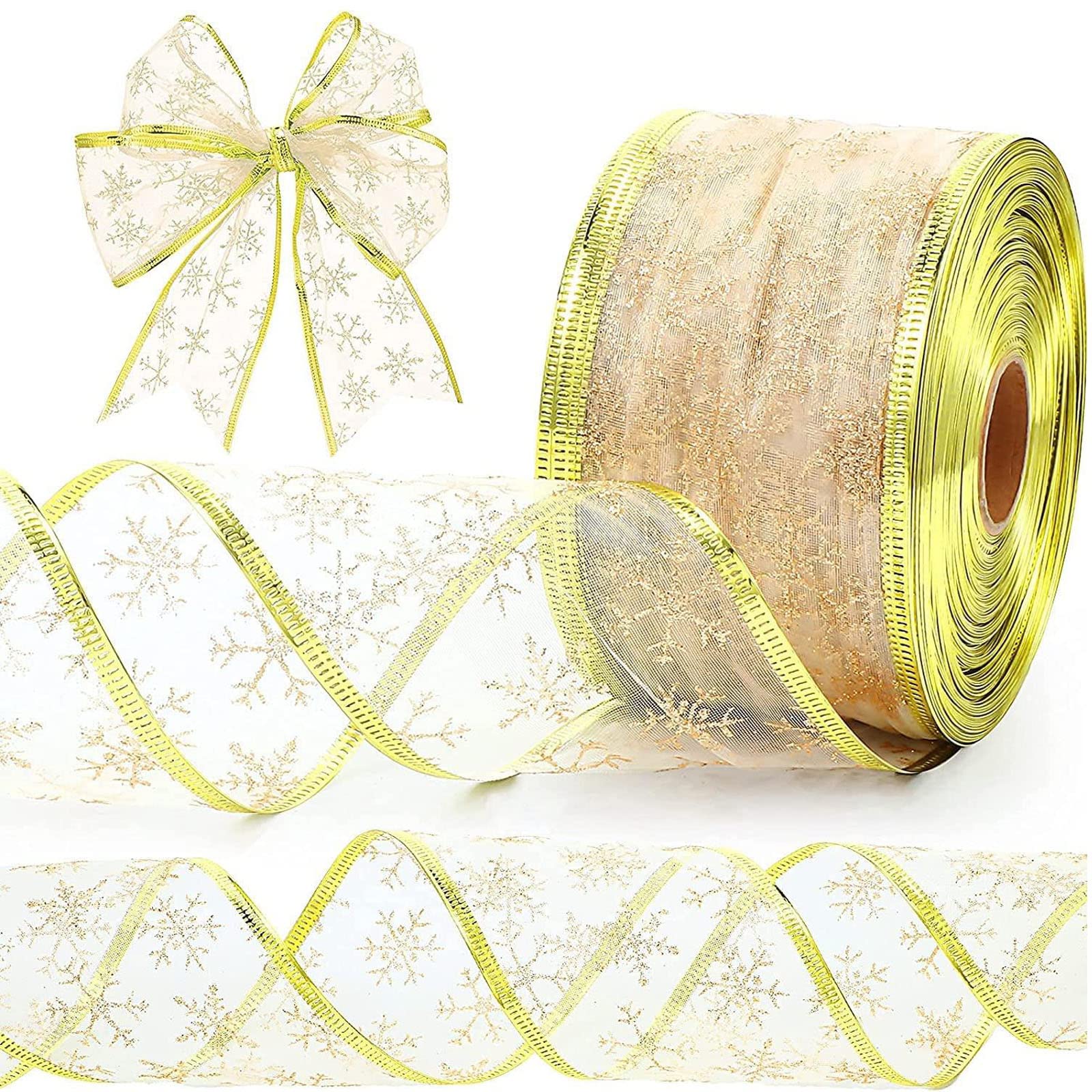 Christmas Ribbon, Christmas Tree Ribbon Organza Glittery Snowflake Wired Ribbon 2.5 Inch X 11 Yard with Spool, Ribbon for Christmas Decor Gift Packaging Crafts Home Party Decoration (Gold Ribbon)
