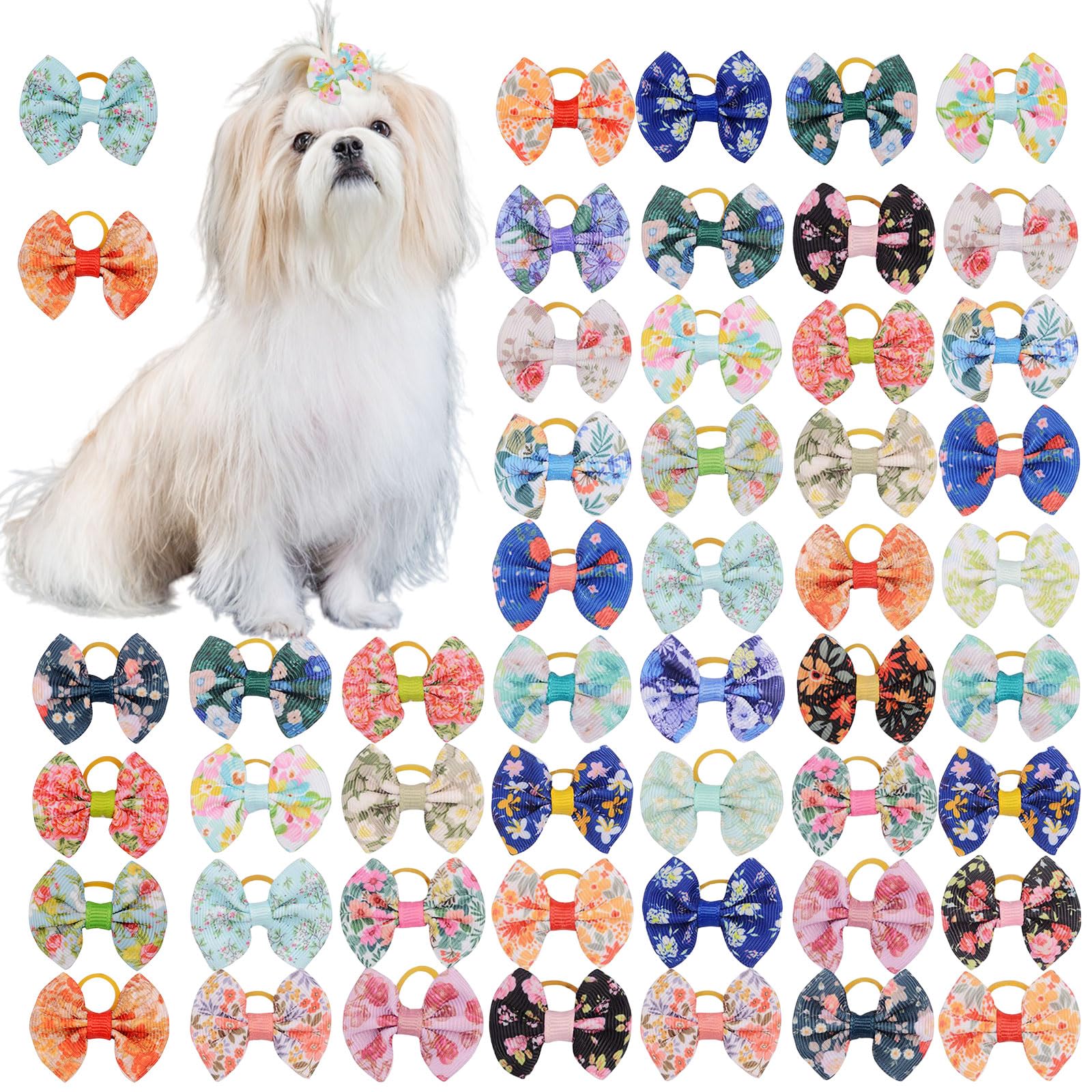 Dog Hair Bows, 45Pcs Mixed Colors Dog Hair Bows with Elastic Rubber Bands, Cute Flower Dog Grooming Bows Puppy Hair Accessories for Long Hair Pet Dogs Cats (Multi-colored C)