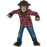 Fierce Werewolf Costume for Kids - Includes Plaid Shirt, Furry Headpiece & Shoe Covers - Classic Halloween Look