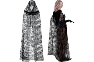 Skicuff Halloween Lace Hooded Cloak Witch Tulle Cape for Women Gothic Costumes Cape for Cosplay Vampire Costume Black