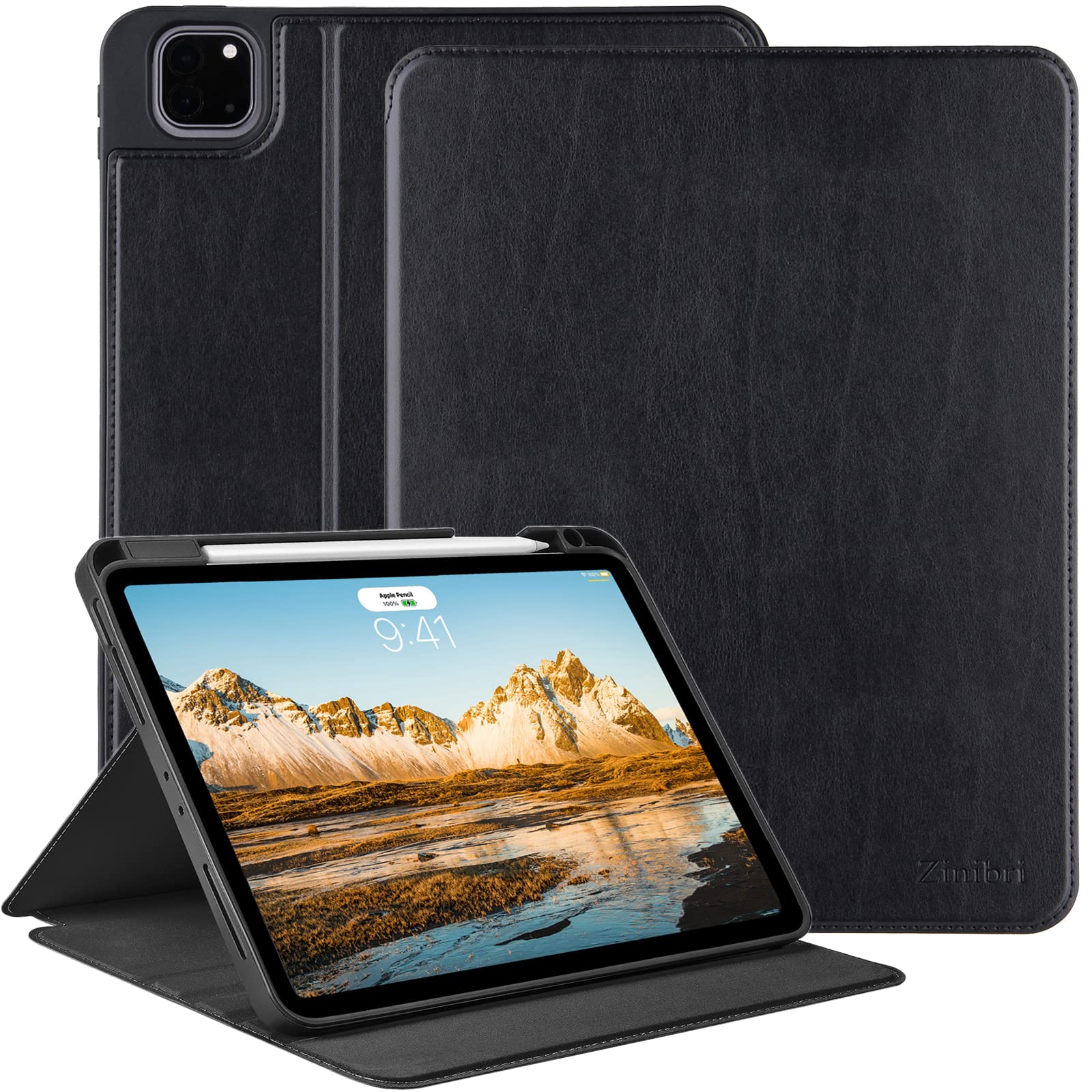 Zinibri Case for iPad Pro 11 Inch 2021/2020/2018 (3rd/2nd/1st Generation) with Pencil Holder, PU Leather Flip Protective Cover with [Stand][Auto Sleep/Wake] Magnetic Case, Black