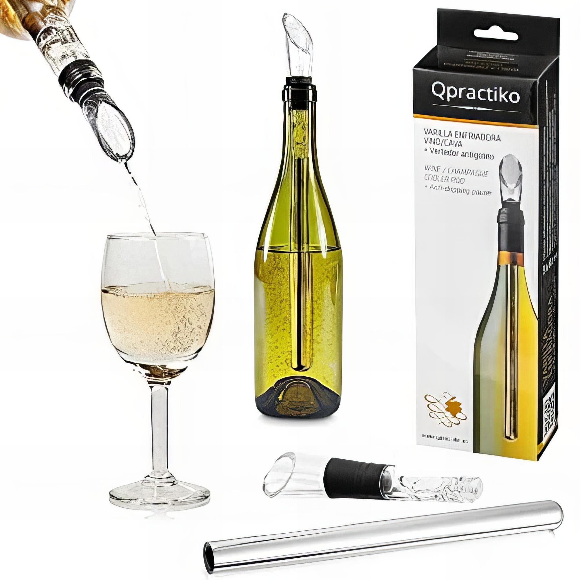 Qpractiko Q011 Chiller Rod + Anti drip Pourer Wine/cava, Stainless Steel, Glass