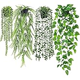 EOECL 4 Pcs Artificial Hanging Plants with Pots - Realistic Fake Eucalyptus & Ivy Vine Potted Plants for Bathroom Shelf Decor - Faux Greenery Aesthetic for Office Desk, Bookshelf (Indoor & Outdoor)
