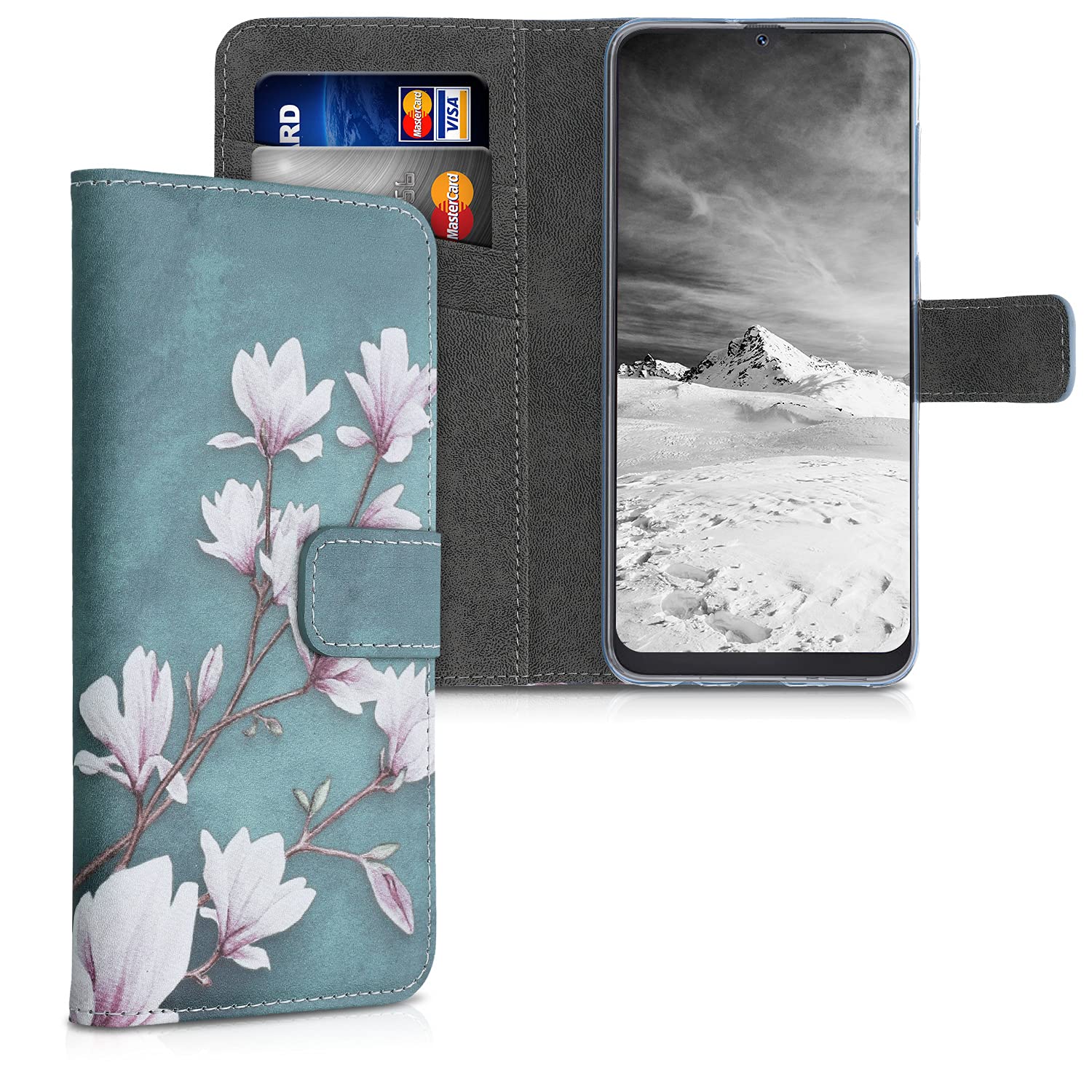 kwmobile Wallet Case Compatible with Samsung Galaxy A50 Case for Phone - Magnolias Taupe/White/Blue Grey