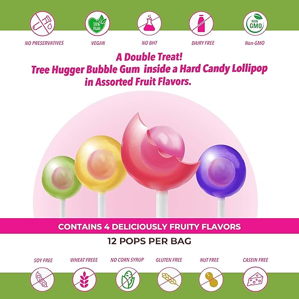 TREE HUGGER BUBBLE GUM FILLED POPS IN STAND UP RESEALABLE BAGS, 6 BAGS (12 POPS PER BAG).