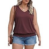 Eytino Plus Size Tops for Women Summer Sleeveless Casual Loose V Neck Smocked Bottom Shirts 2026 Fashion Tank (1X-5X)