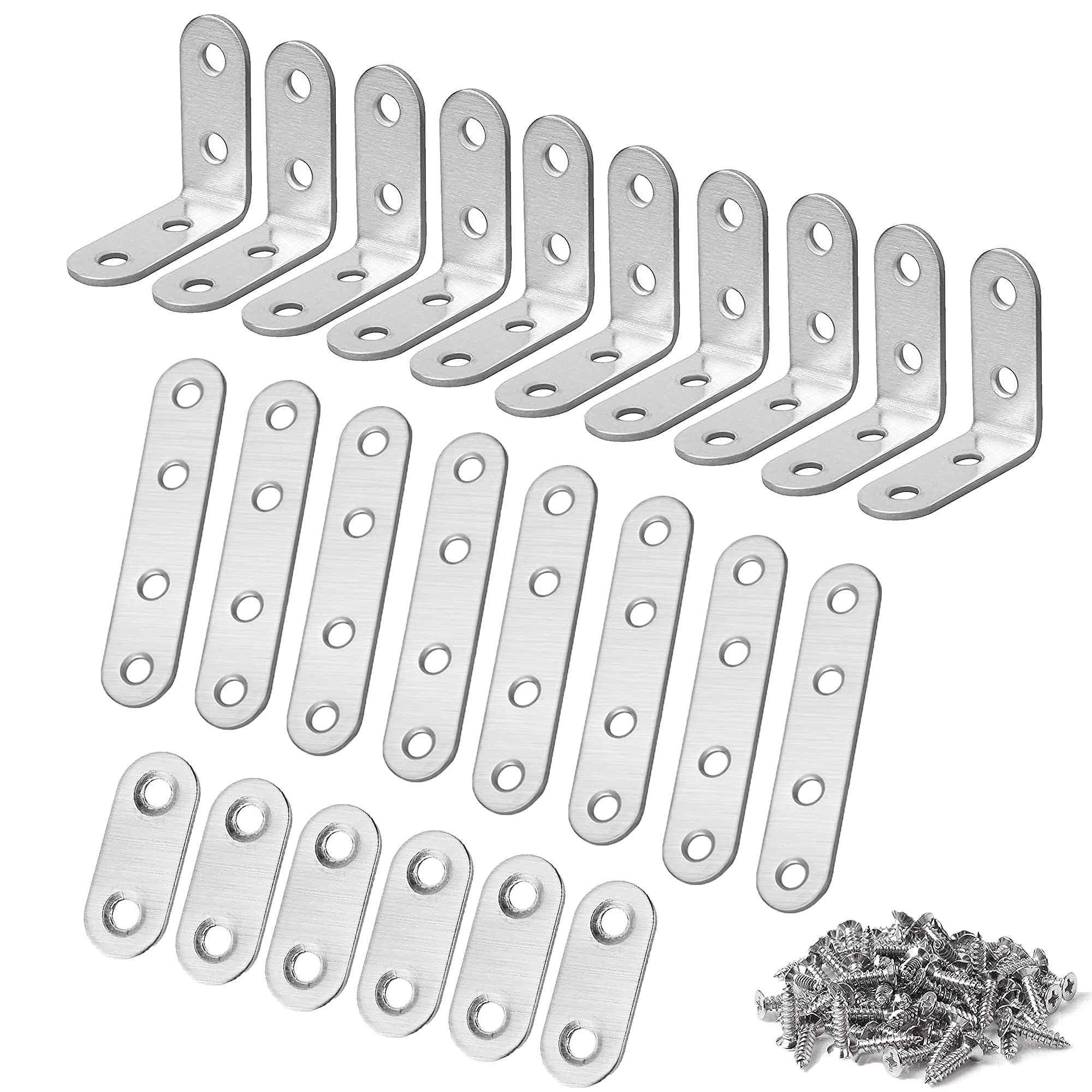 WeqeYent 24Pcs Corner Brace Sets, L Shaped Corner and Straight Brackets Sets, Joint Stainless Steel Right Angle Bracket, Fastener for Wood Chair Bookshelf Board Window Furniture Brackets(Silver)