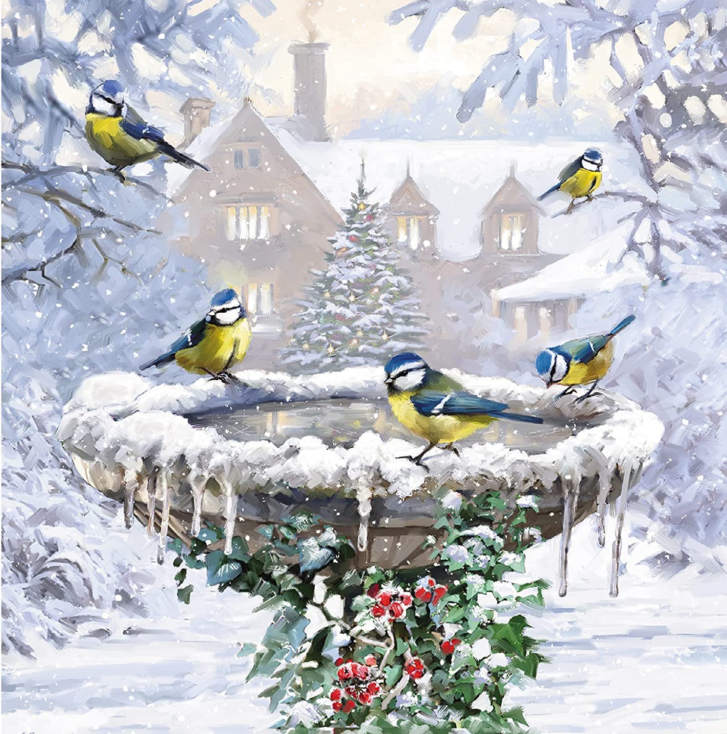 The Almanac Gallery Box of 20 Artistic Charity Christmas Cards - 'Winter Birdbath and Winter Feeder' - Lovely Artistic Designs with British Birds - 20 Cards, 10 Each of 2 Designs