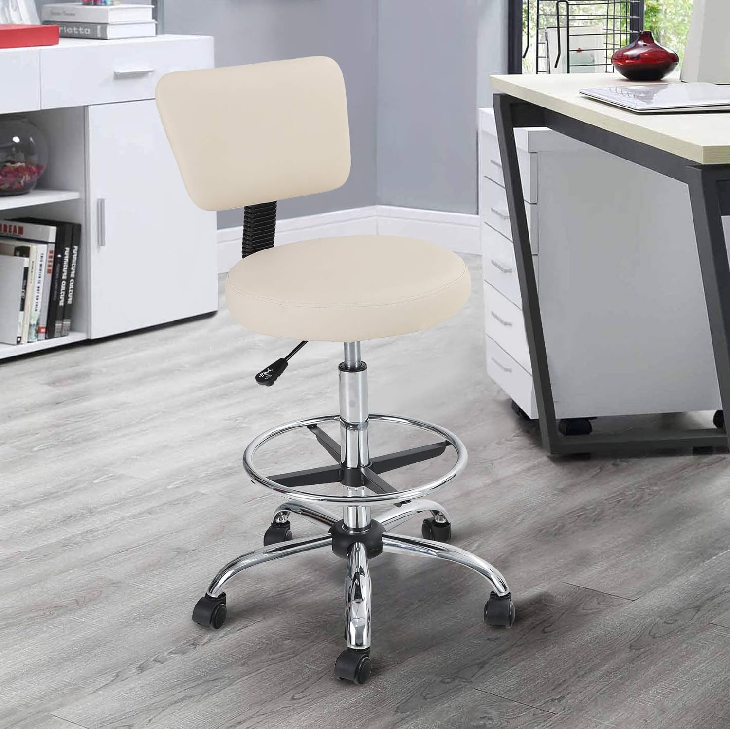 Maison Office Desk Chair Adjustable Swivel Rolling Stool with Wheels Armless Drafting Task Chair with Foot Rest and Back Support for Home Office Bar Kitchen Shop Salon Spa Massage Medical, Beige