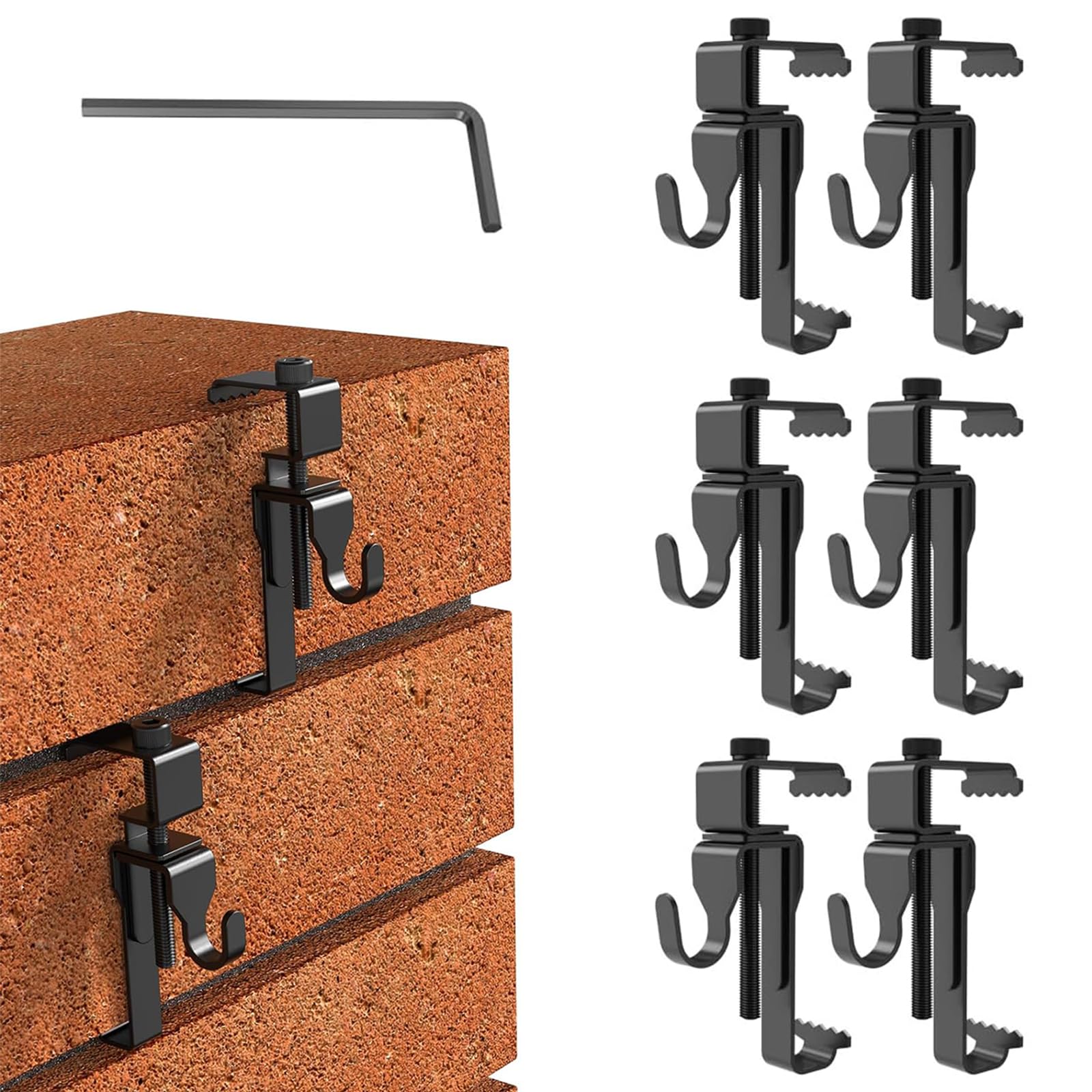 6Pcs Brick Hooks, Brick Wall Clips, Brick Hangers No Drill for Outdoor Hanging, Stainless Steel Brick Wall Clamp Utility Hooks, No Drill, Nail Holes, Screws and Wall Damage （Black）