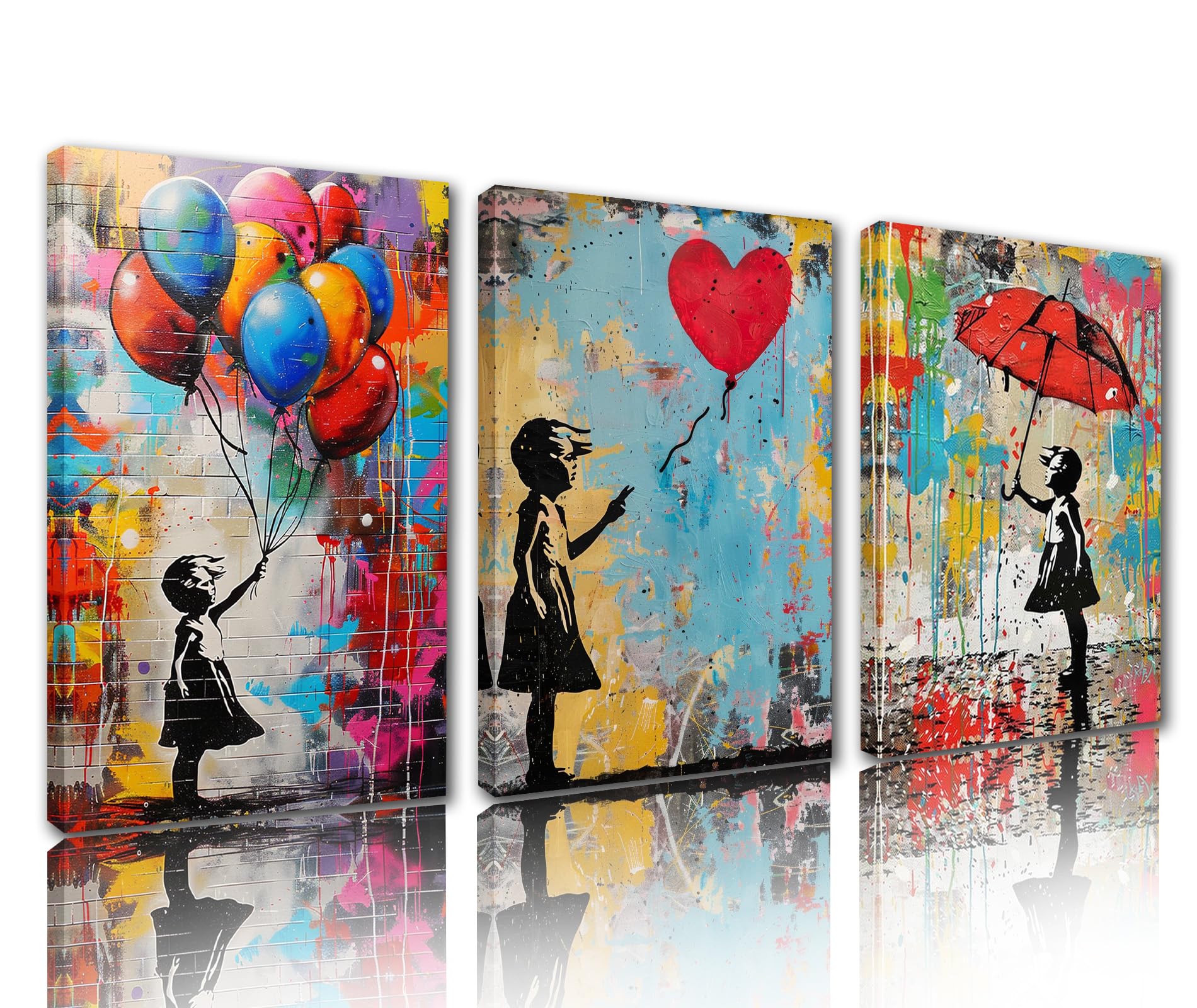 Tucocoo Banksy Wall Pictures for Living Room Street Art Little Girl Paintings Colorful Canvas Graffiti Balloon Red Umbrella Wall Art Creative Artwork Home Decor Framed Ready to Hang (14"x20" x 3Pcs)