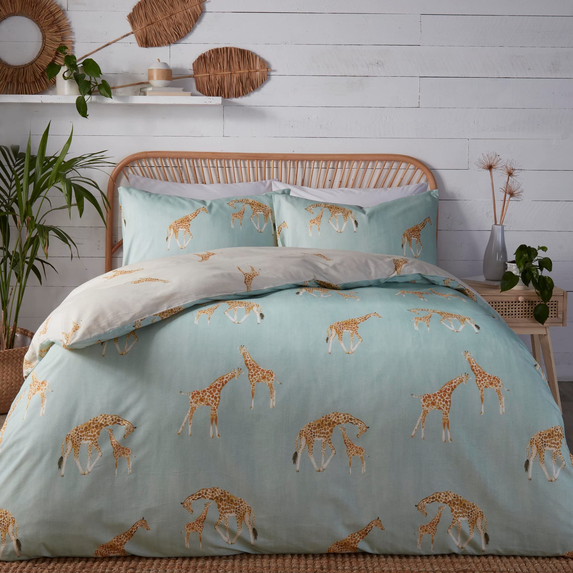 Fusion Duck Egg Giraffe Duvet Cover – King Size 230x220cm – Reversible Zoo Animal Bedding – Blue & Grey Kids Duvet Set – Soft Polycotton – Popper Closure – Includes 2 Pillowcases — image 1