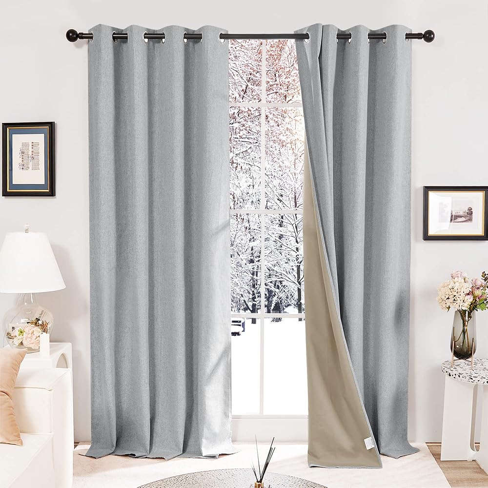 Deconovo Faux Linen Full Blackout Curtains Eyelet Energy Saving Blue Gray
