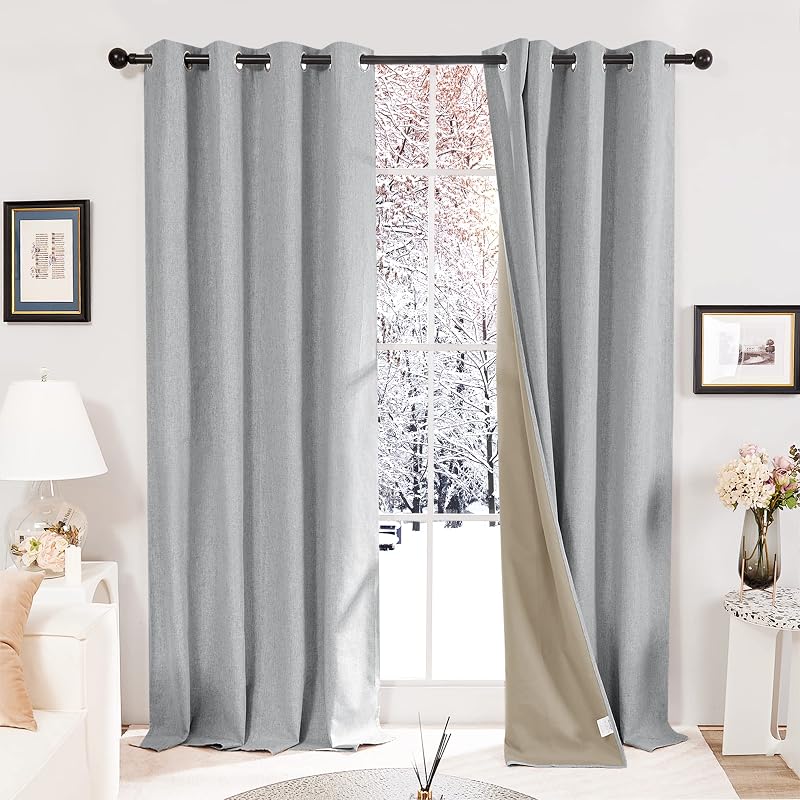 Deconovo Faux Linen Full Blackout Curtains Eyelet Energy Saving Blue Gray